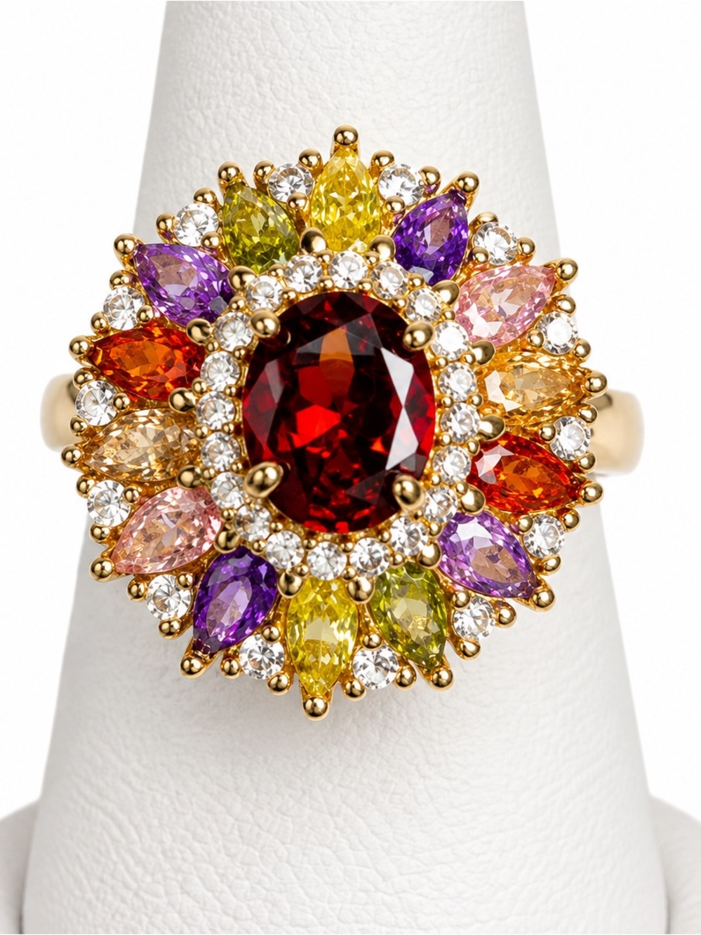 Gold-Tone Stainless Steel Multicolor Crystal Halo Statement Cocktail Ring Size 7